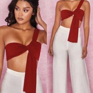 House of CB Burgundy Marnelle Knot Front Cropped Rib Top
